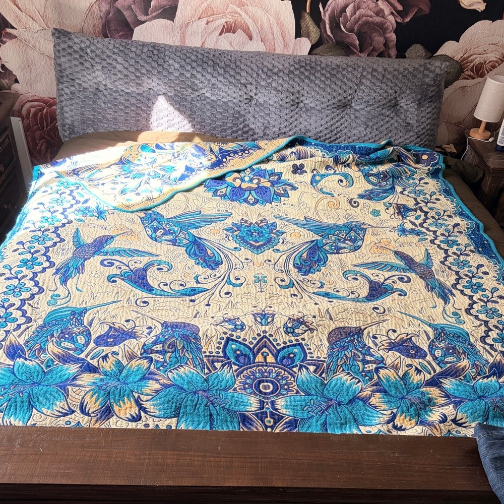 Blue Hummingbird Floral Mandala Quilt Scalloped Edge Bohemian Bedspread